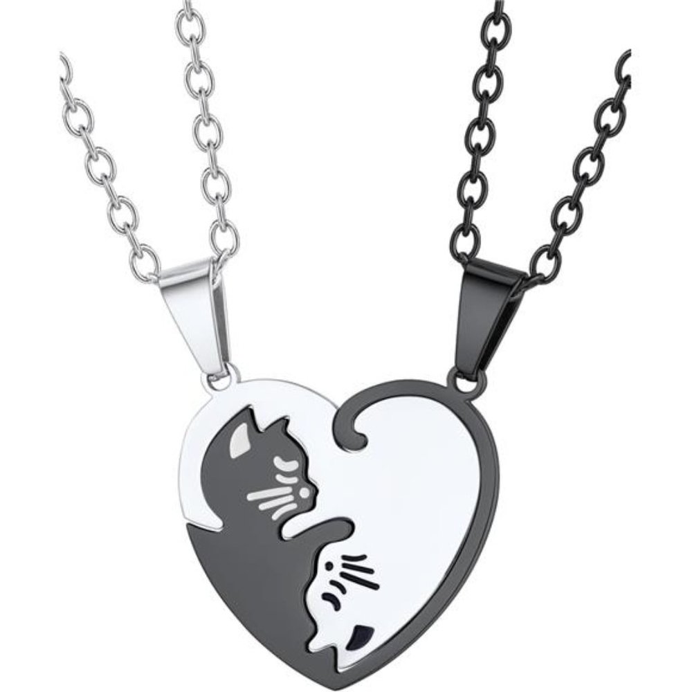 Puzzle Matching Necklace, Stainless Steel/18K Gold Plated Heart Cat/Yin Yang